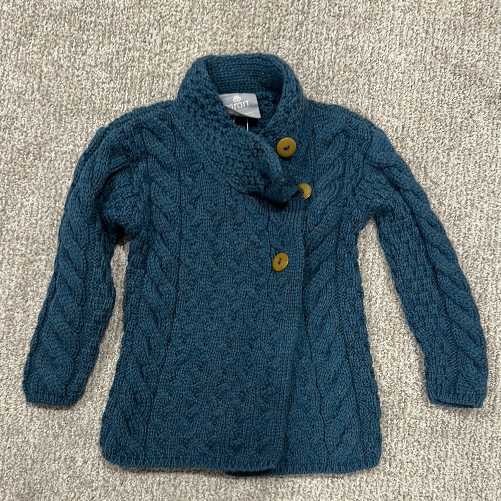 Aran Crafts Blue Cable Knit Sweater Asymmetrical Design